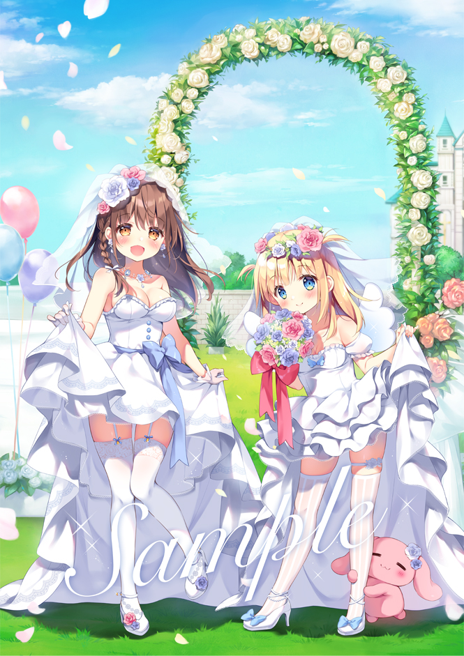 2girls arch blonde_hair blue_bow blue_eyes blue_hair bow braid bridal_veil brown_eyes brown_hair clouds commentary_request day detached_sleeves dress flower frilled_dress frills garter_straps high_heels layered_dress long_hair multiple_girls original outdoors pan_(mimi) petals pink_flower pink_rose pleated_dress puffy_short_sleeves puffy_sleeves rose sample see-through shoes short_sleeves single_braid skindentation standing standing_on_one_leg strapless strapless_dress stuffed_animal stuffed_bunny stuffed_toy thigh-highs two_side_up veil wedding_dress white_dress white_flower white_footwear white_legwear white_rose white_sleeves