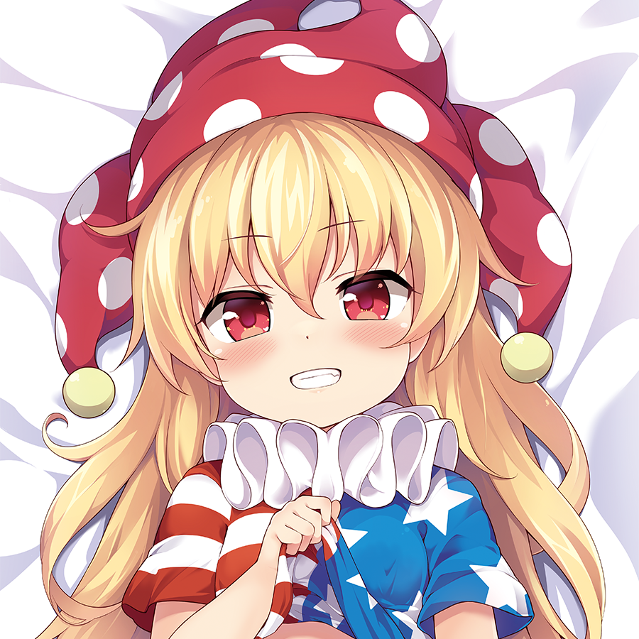 1girl american_flag_shirt baku-p bangs bed blonde_hair blue_shirt blush breasts closed_mouth clownpiece dakimakura_(medium) eyebrows_visible_through_hair fang hair_between_eyes hand_up hat jester_cap long_hair looking_at_viewer looking_up lying multicolored_clothes multicolored_shirt polka_dot red_eyes red_headwear red_shirt shirt short_sleeves small_breasts smile solo star_(symbol) star_print striped striped_shirt teeth touhou upper_body white_shirt