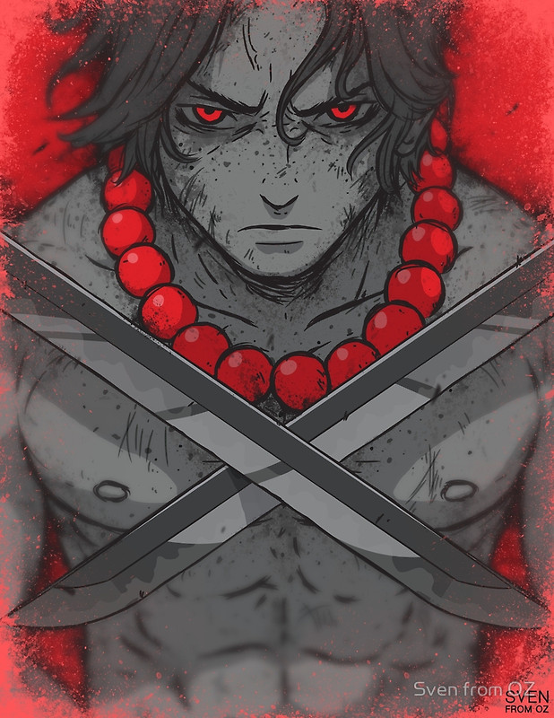 1boy abs artist_name bare_chest execution freckles grey hair_between_eyes jewelry looking_at_viewer monochrome necklace one_piece portgas_d_ace red scratches serious solo sven_from_oz textless watermark