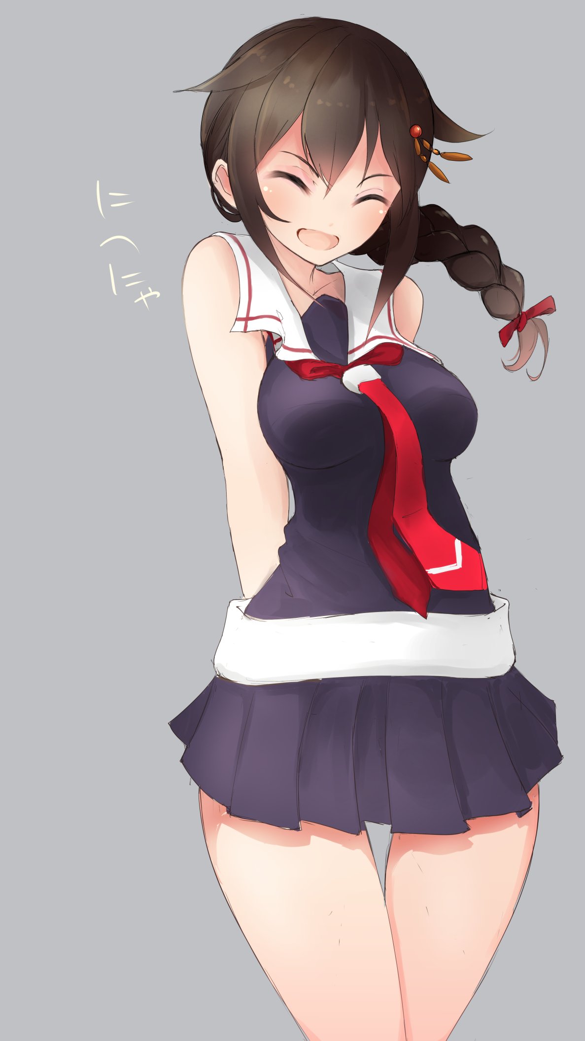 1girl :d ^_^ ^o^ arms_behind_back bare_shoulders black_serafuku black_skirt blush braid closed_eyes collarbone cowboy_shot hair_flaps hair_ornament hair_over_shoulder hairpin highres kantai_collection long_hair neckerchief necktie open_mouth red_necktie remodel_(kantai_collection) sailor_collar school_uniform serafuku shigure_(kantai_collection) simple_background single_braid skirt smile solo tbd11 thigh_gap thighs translation_request white_background wide_hips