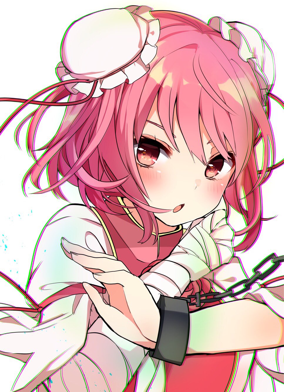 1girl :o bandage bandaged_arm blouse blush bun_cover chains chromatic_aberration clenched_hand commentary_request cuffs double_bun flower hair_between_eyes hands_up highres ibaraki_kasen karasusou_nano looking_at_viewer parted_lips pink_eyes pink_flower pink_hair pink_rose puffy_short_sleeves puffy_sleeves rose shackles short_hair short_sleeves simple_background solo tabard touhou upper_body white_background white_blouse