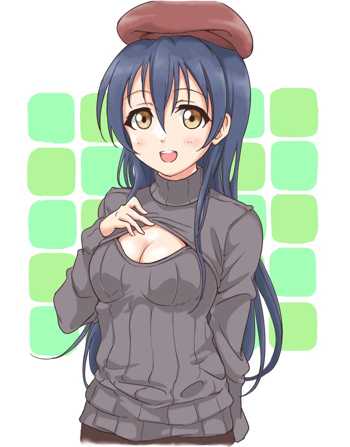 1girl blue_hair blush breasts cleavage cleavage_cutout long_hair love_live!_school_idol_project open-chest_sweater ribbed_sweater smile solo sonoda_umi sweater tetopetesone yellow_eyes