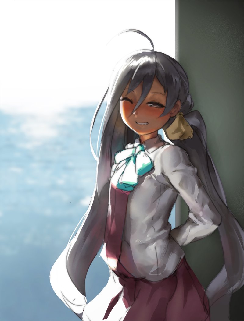 1girl against_wall ahoge arms_behind_back blush eu03 flat_chest grey_hair grin hair_between_eyes hair_ribbon huge_ahoge kantai_collection kiyoshimo_(kantai_collection) looking_at_viewer necktie one_eye_closed ribbon skirt smile solo twintails uneven_twintails violet_eyes