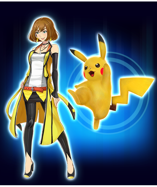 1girl alyssa_(pokemon) full_body official_art pikachu pokemon pokemon_(creature) pokken_tournament