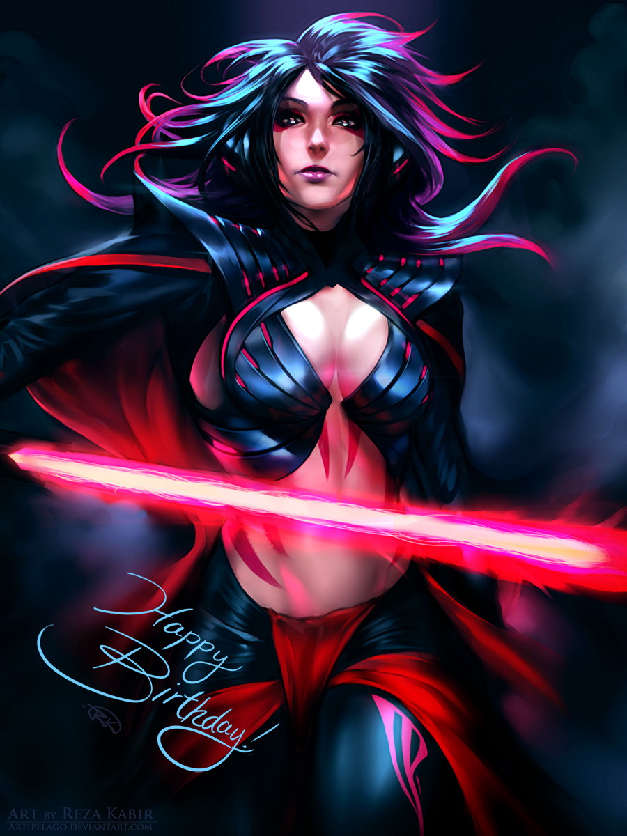 1girl black_hair borrowed_character breasts cape center_opening cleavage commentary crossover energy_sword happy_birthday highres lightsaber lipstick long_hair makeup midriff multicolored_hair navel nose pauldrons pepper_project purple_lipstick reza_kabir sith solo star_wars sword weapon