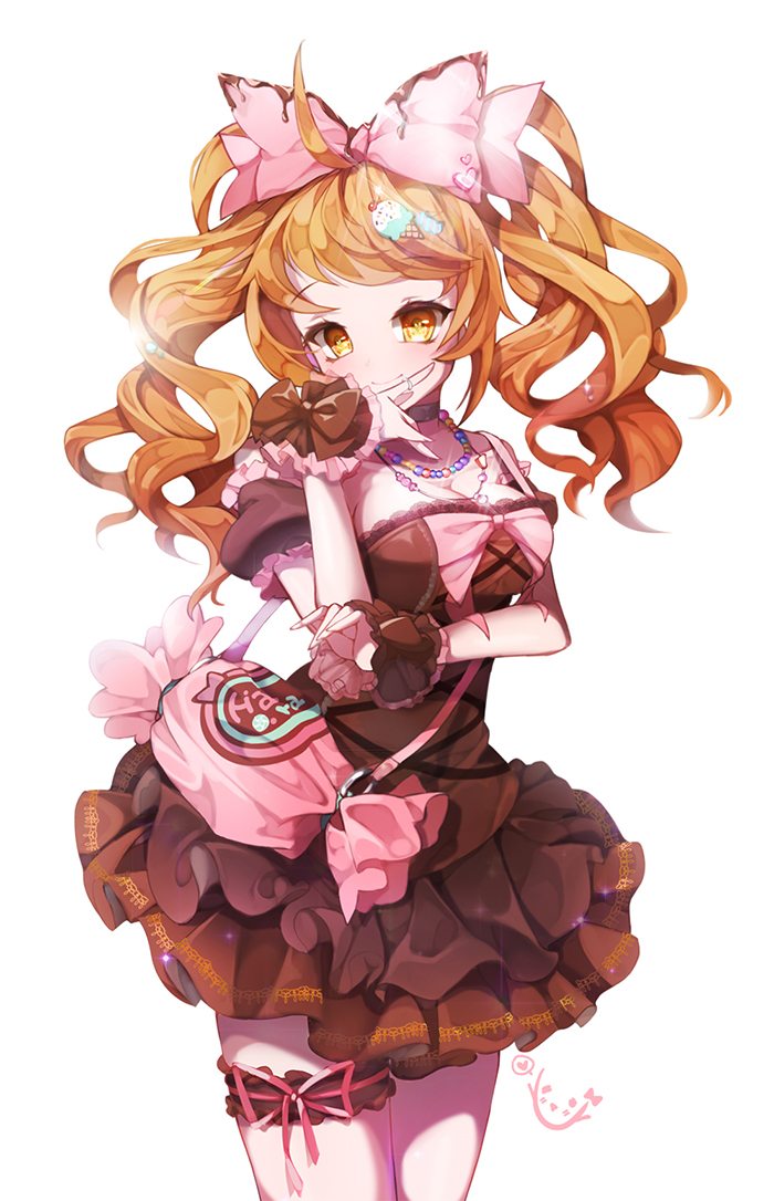 1girl ahoge bag bangs bow breasts cleavage dress food_themed_clothes frilled_dress frills garters hair_bow hair_ornament hand_on_own_chin ice_cream_cone_hair_ornament jewelry kanola_u necklace orange_eyes orange_hair original ring shoulder_bag solo swept_bangs twintails wavy_hair wrist_cuffs