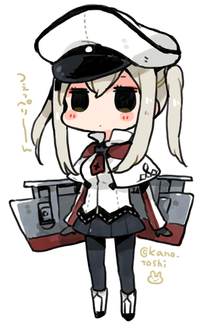1girl black_legwear blonde_hair blush_stickers capelet chibi full_body graf_zeppelin_(kantai_collection) hat kano_(coyotehunt) kantai_collection necktie pantyhose peaked_cap pleated_skirt sidelocks skirt solid_circle_eyes standing twintails white_background