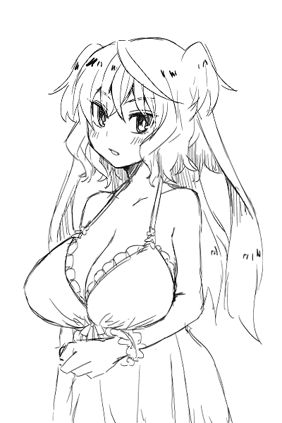 1girl bare_shoulders blush breasts cleavage dress elsie-san_(oshiruko) halterneck large_breasts looking_at_viewer monochrome original oshiruko_(tsume) parted_lips short_hair_with_long_locks sketch solo sundress tsurime two_side_up wrist_cuffs