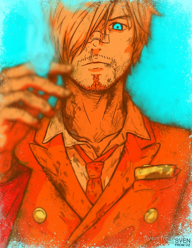 1boy bandaid bandaid_on_nose blood blue cigarette facial_hair formal hair_over_one_eye holding_cigarette looking_at_viewer monochrome necktie one_piece orange_(color) sanji scratches serious smoking solo suit sven_from_oz textless watermark