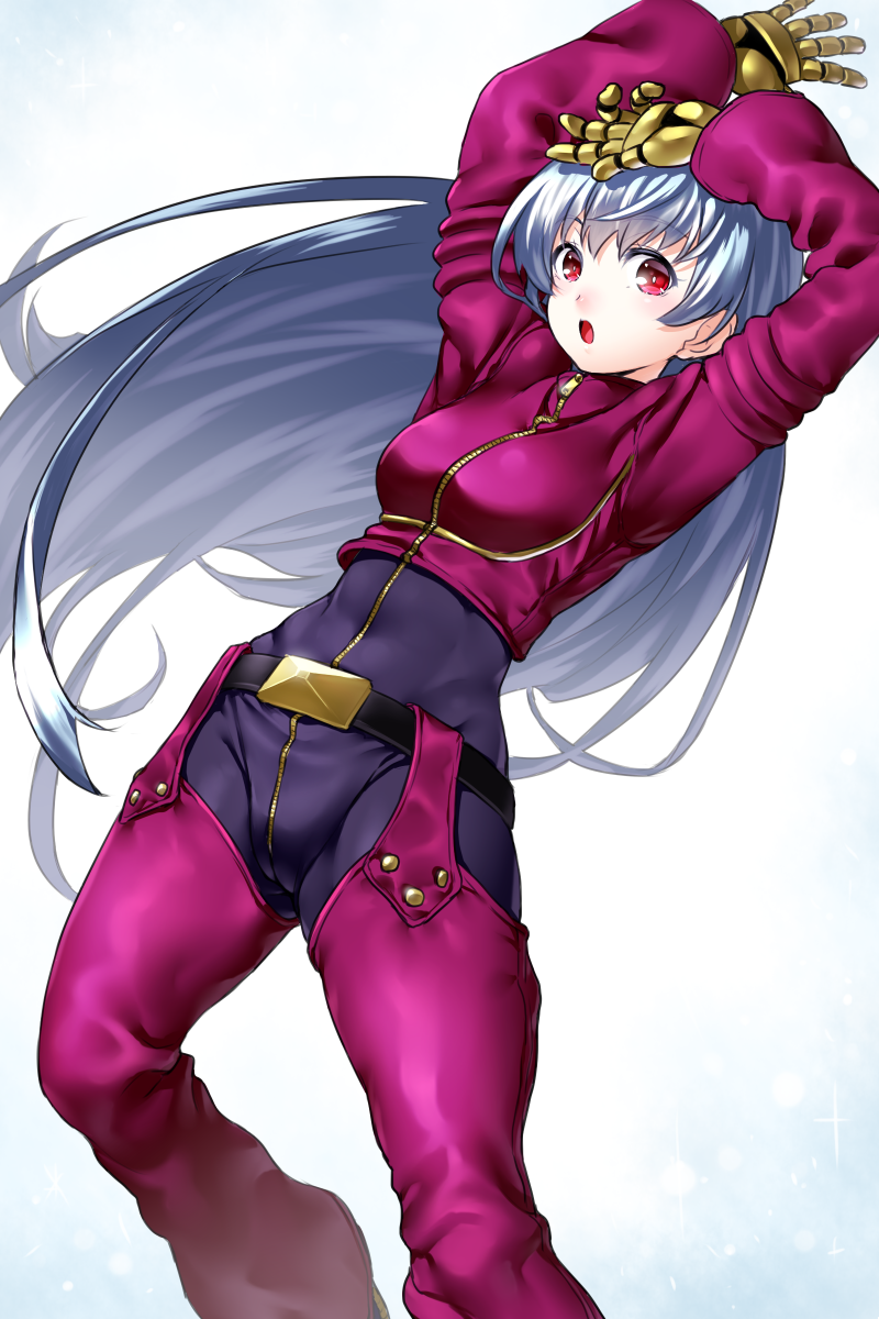 1girl arms_up belt blue_hair blush breasts chaps cropped_jacket gloves highres kula_diamond long_hair onsoku_maru open_mouth red_eyes solo the_king_of_fighters zipper