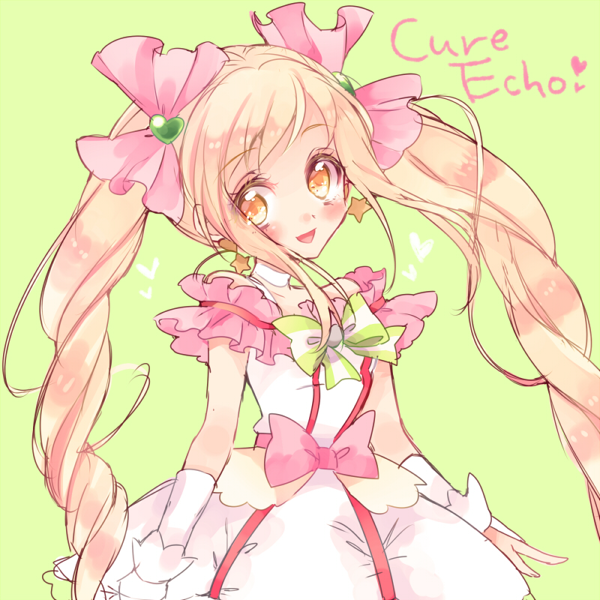1girl blonde_hair bow character_name choker cure_echo earrings frills green_background hair_ornament hair_ribbon heart_hair_ornament jewelry long_hair looking_at_viewer magical_girl pink_bow pink_ribbon precure precure_all_stars_new_stage:_mirai_no_tomodachi ribbon sakagami_ayumi skirt smile solo star star_earrings striped striped_bow twintails upper_body uzuki_aki white_skirt wrist_cuffs yellow_eyes