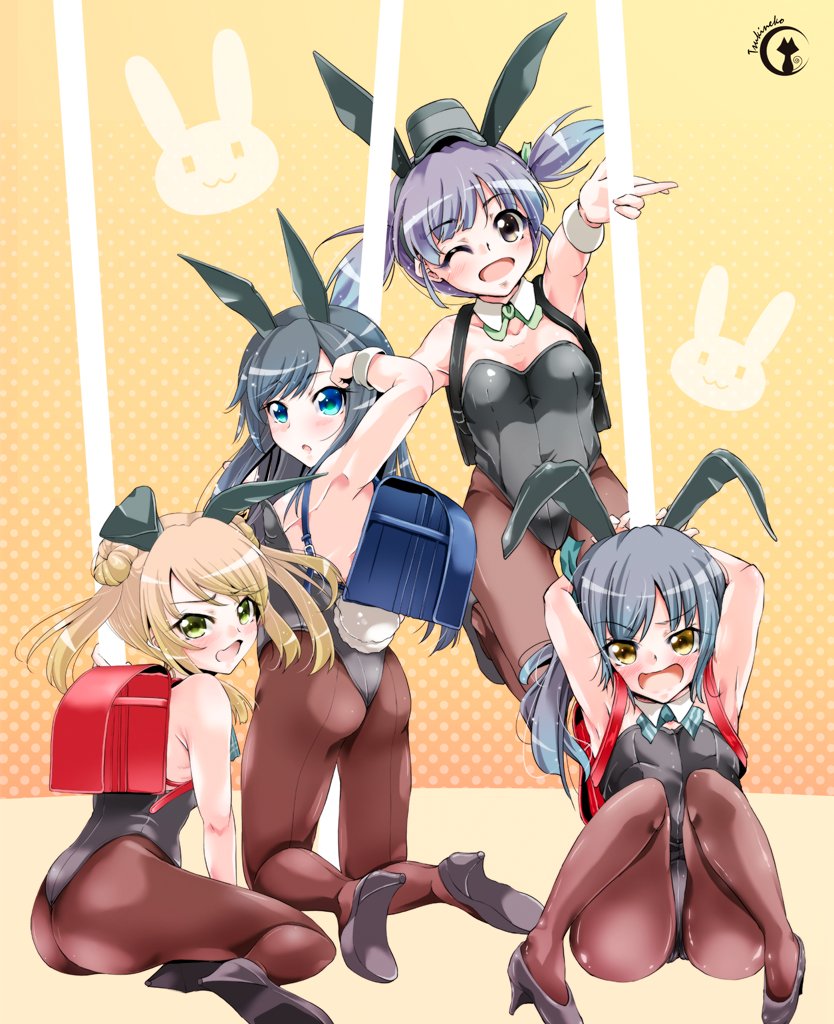 4girls animal_ears asashio_(kantai_collection) backpack bag blush breasts character_request double_bun high_heels kantai_collection kasumi_(kantai_collection) leotard long_hair multiple_girls playboy playboy_bunny_leotard rabbit rabbit_ears randoseru tsukineko twintails