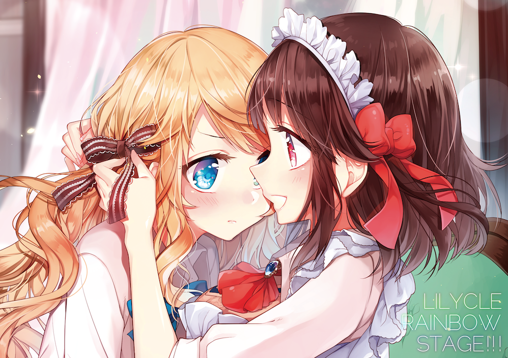 2girls adjusting_another's_hair adjusting_hair blonde_hair blue_eyes bow brown_hair commentary_request copyright_request hair_bow long_hair maid_headdress multiple_girls official_art red_eyes school_uniform short_hair tying_hair yukinokoe yuri