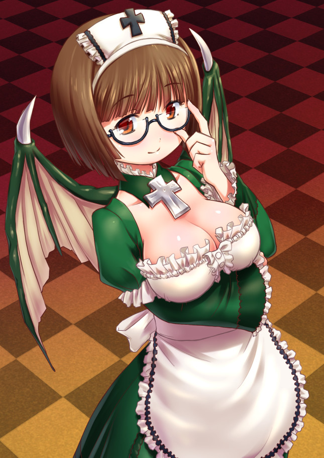 1girl adjusting_glasses aoi_rando breast_hold breast_lift breasts brown_eyes brown_hair cleavage cross deathsmiles dragon_wings dress follett_(deathsmiles) glasses gothic_wa_mahou_otome large_breasts mole short_hair smile solo wings