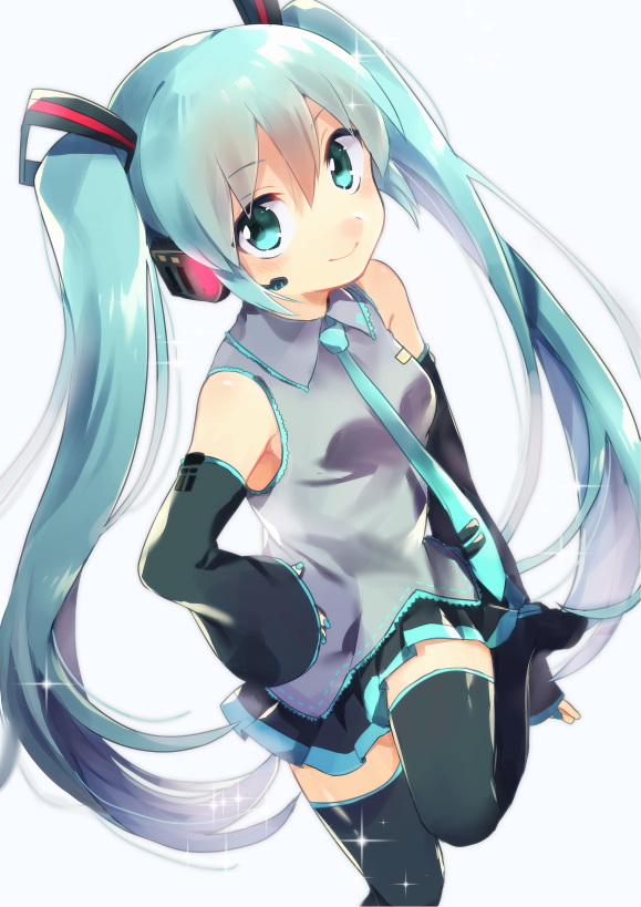 1girl aqua_hair detached_sleeves green_eyes hand_on_hip hatsune_miku headset long_hair looking_at_viewer necktie ponpoko skirt smile solo sparkle thigh-highs twintails very_long_hair vocaloid white_background