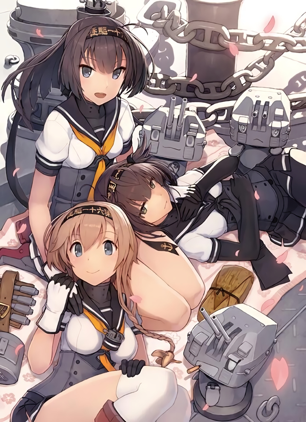 akizuki_(kantai_collection) and black_hair chou-10cm-hou-chan chou-10cm-hou-chan_(hatsuzuki's) chou-10cm-hou-chan_(teruzuki's) gloves hair_ornament hatsuzuki_(kantai_collection) headband highres kantai_collection long_hair looking_at_viewer multiple_girls neckerchief official_art pleated_skirt school_uniform skirt smile teruzuki_(kantai_collection)