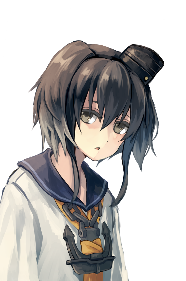 1girl anchor black_eyes black_hair headgear kantai_collection looking_at_viewer natsuyuki neckerchief parted_lips sailor_collar short_hair short_hair_with_long_locks simple_background solo tokitsukaze_(kantai_collection) upper_body white_background