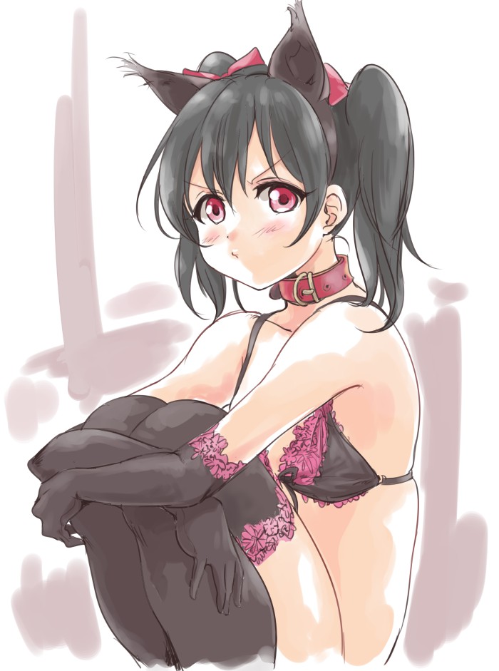 1girl animal_ears black_hair bow bra cat_ears elbow_gloves gloves hair_bow love_live!_school_idol_project pout red_eyes solo tetopetesone thigh-highs twintails underwear yazawa_nico