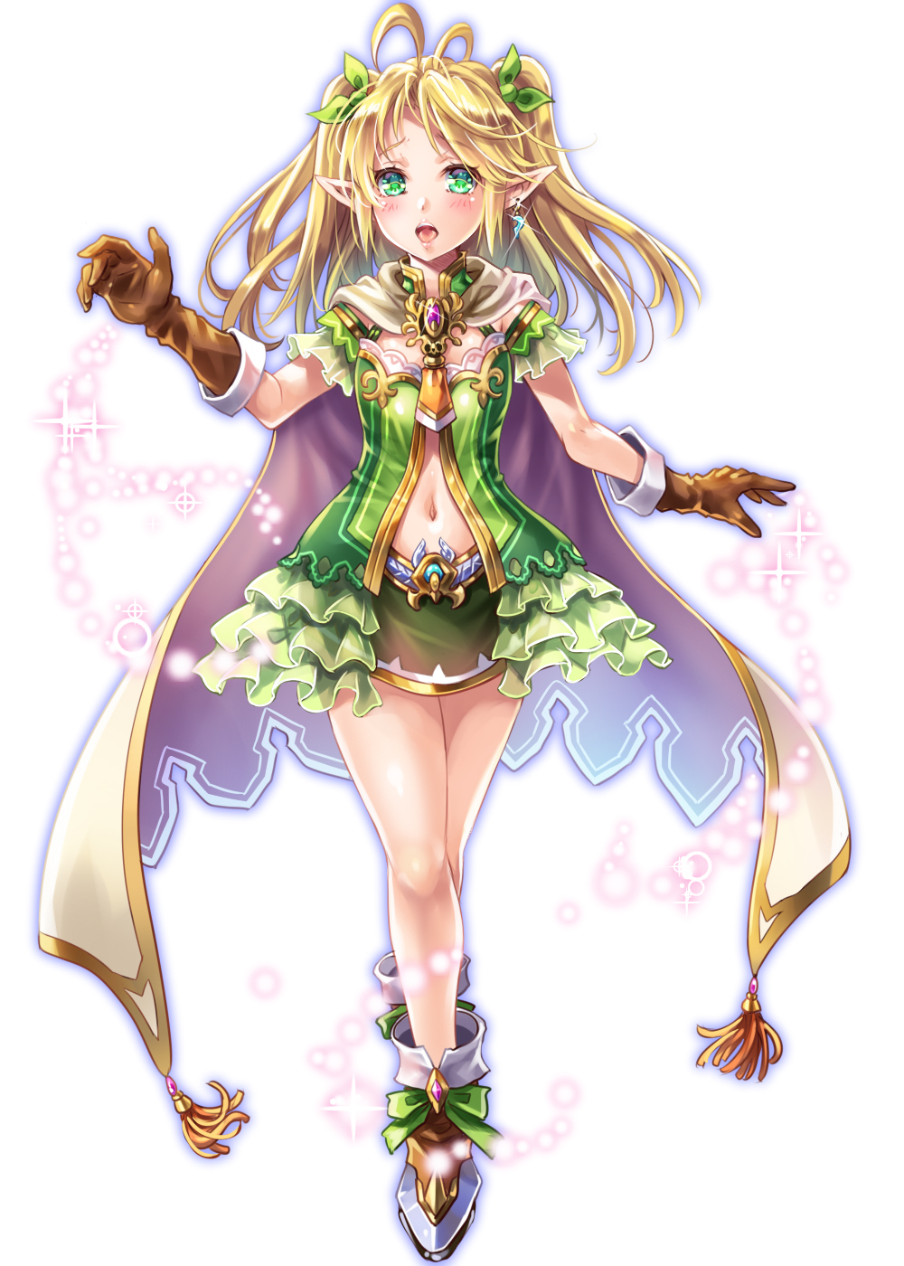 1girl blonde_hair brown_gloves cape dress earrings elf frilled_sleeves frills full_body gloves green_eyes green_ribbon hair_ribbon highres jewelry long_hair looking_at_viewer makirin miniskirt navel open_mouth original pointy_ears ribbon shoes short_dress short_sleeves simple_background skirt small_breasts solo solo_focus sparkle teeth twintails white_background