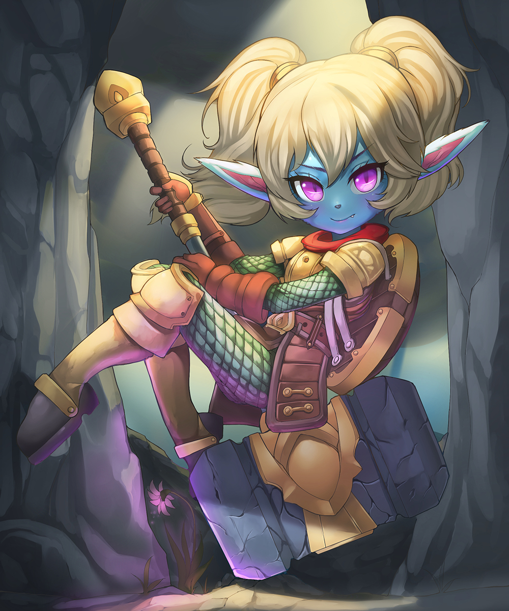 1girl armor blonde_hair blue_skin fang flower hammer highres k_jin league_of_legends looking_at_viewer pointy_ears poppy short_hair slit_pupils smile solo twintails violet_eyes weapon