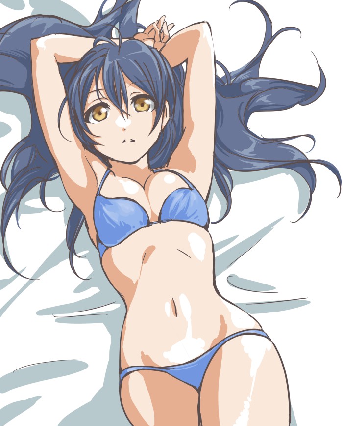 1girl bikini blue_hair blush breasts long_hair love_live!_school_idol_project solo sonoda_umi swimsuit tetopetesone yellow_eyes