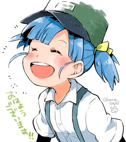 1girl :d blue_hair blush closed_eyes hair_ribbon happy hat kano_(coyotehunt) kantai_collection lowres ooshio_(kantai_collection) open_mouth ribbon smile suspenders teeth translated twintails twitter_username upper_body white_background