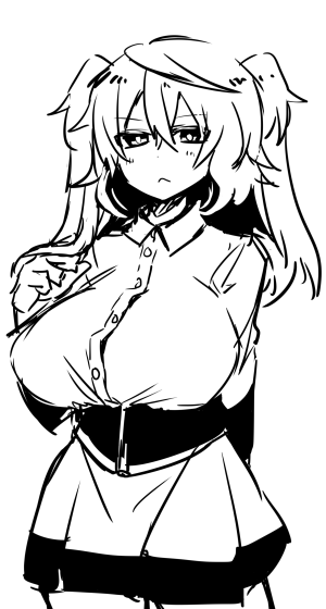 &gt;:&lt; 1girl :&lt; blush breasts collared_shirt dress dress_shirt elsie-san_(oshiruko) large_breasts looking_at_viewer original oshiruko_(tsume) playing_with_own_hair sash shirt short_hair_with_long_locks sketch solo two_side_up