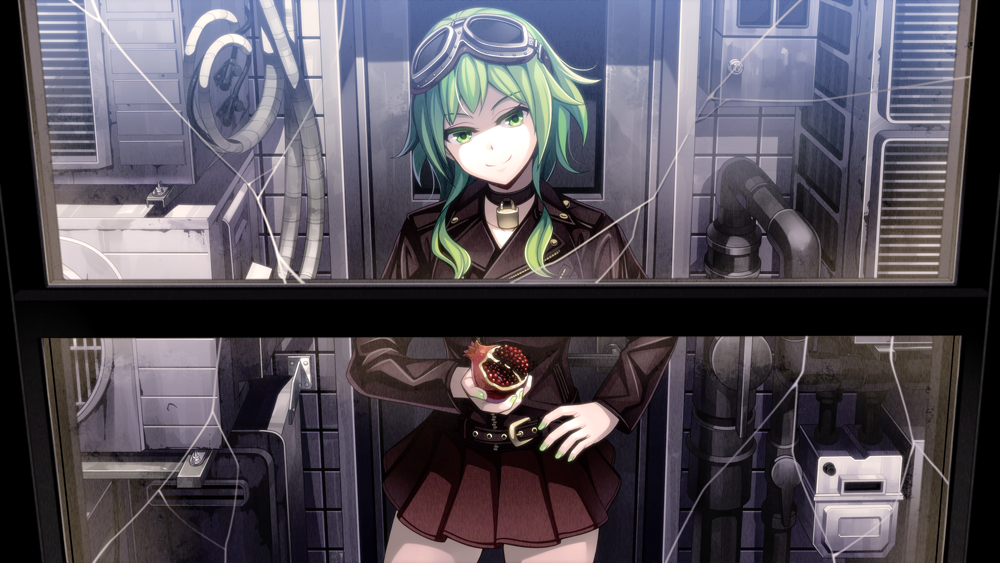 1girl collar food fruit goggles goggles_on_head green_eyes green_hair gumi hand_on_hip lock looking_at_viewer padlock pomegranate short_hair_with_long_locks skirt smile torigoe_takumi vocaloid window