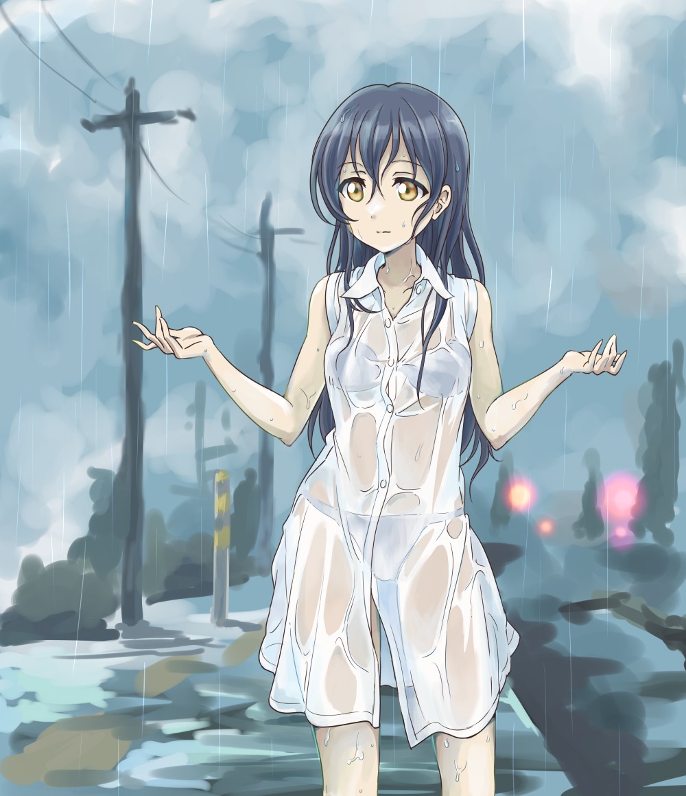 1girl blue_hair blush bra long_hair love_live!_school_idol_project panties rain see-through solo sonoda_umi tetopetesone underwear wet wet_clothes yellow_eyes