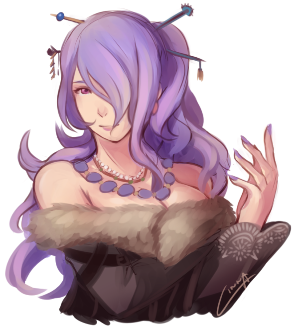 1girl bare_shoulders camilla_(fire_emblem_if) cinnas final_fantasy final_fantasy_x fire_emblem fire_emblem_if hair_over_one_eye jewelry long_hair lulu_(ff10) lulu_(ff10)_(cosplay) necklace purple_hair seiyuu_connection strapless violet_eyes