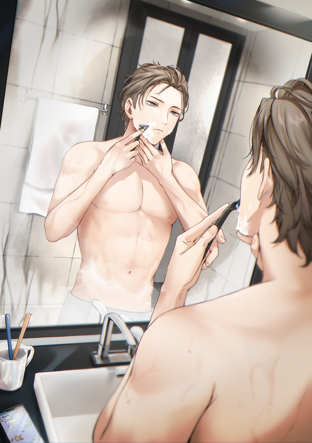 1boy bathroom brown_hair carrot_(robosquat) cellphone cup expressionless faucet hair_slicked_back hair_strand half-closed_eyes hand_on_own_chin hands_up highres indoors looking_at_mirror male_focus mirror mug navel nipples original pectorals phone razor reflection shaving shaving_cream short_hair sink smartphone solo standing steam tile_wall tiles toothbrush topless_male towel wet