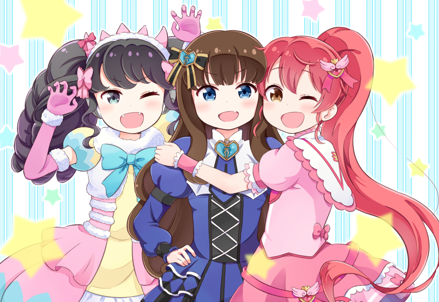 3girls :d ;d bangs black_hair blue_eyes bow brown_eyes brown_hair check_(check_book) claw_pose cross-laced_clothes dress elbow_gloves fang fangs fur_trim garuru_(pripara) gloves hair_bow hair_ornament hairband hand_on_hip headphones hug juliet_sleeves kurosu_aroma long_hair long_sleeves multiple_girls one_eye_closed open_mouth pink_gloves pink_hair pripara puffy_short_sleeves puffy_sleeves shiratama_mikan short_sleeves sidelocks smile star striped twintails vertical-striped_background vertical_stripes