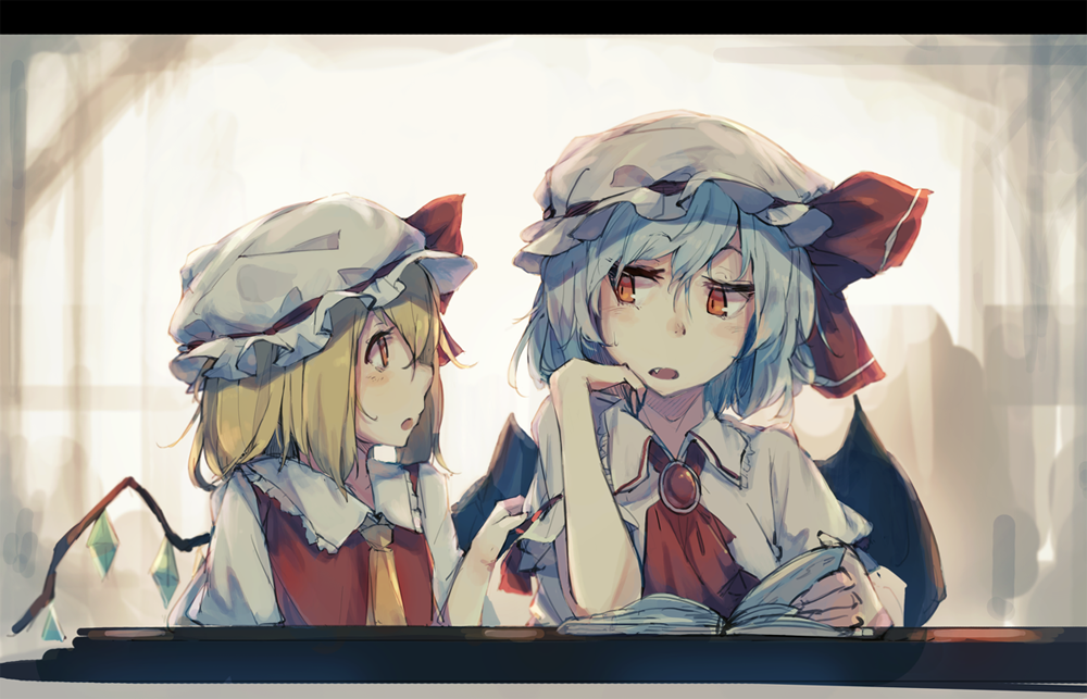 2girls amoranorem ascot bat_wings blonde_hair blue_hair book brooch clothes_grab crystal eyebrows fang flandre_scarlet hat hat_ribbon jewelry looking_at_another mob_cap multiple_girls open_mouth red_eyes red_ribbon remilia_scarlet ribbon short_hair short_sleeves siblings sisters sitting table touhou wings