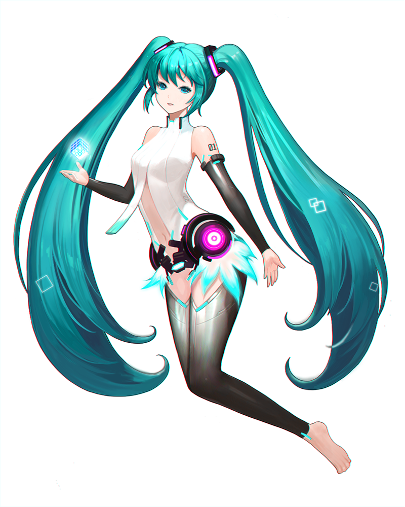 aqua_eyes aqua_hair bodysuit detached_sleeves feet hatsune_miku miku_append phonic tattoo thighs twintails vocaloid vocaloid_append white_background