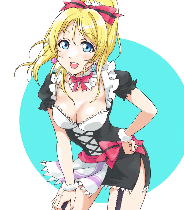 1girl ayase_eli blonde_hair blue_eyes blush breasts cleavage garter_straps long_hair love_live!_school_idol_project maid_headdress mogyutto_"love"_de_sekkin_chuu! ponytail solo tetopetesone