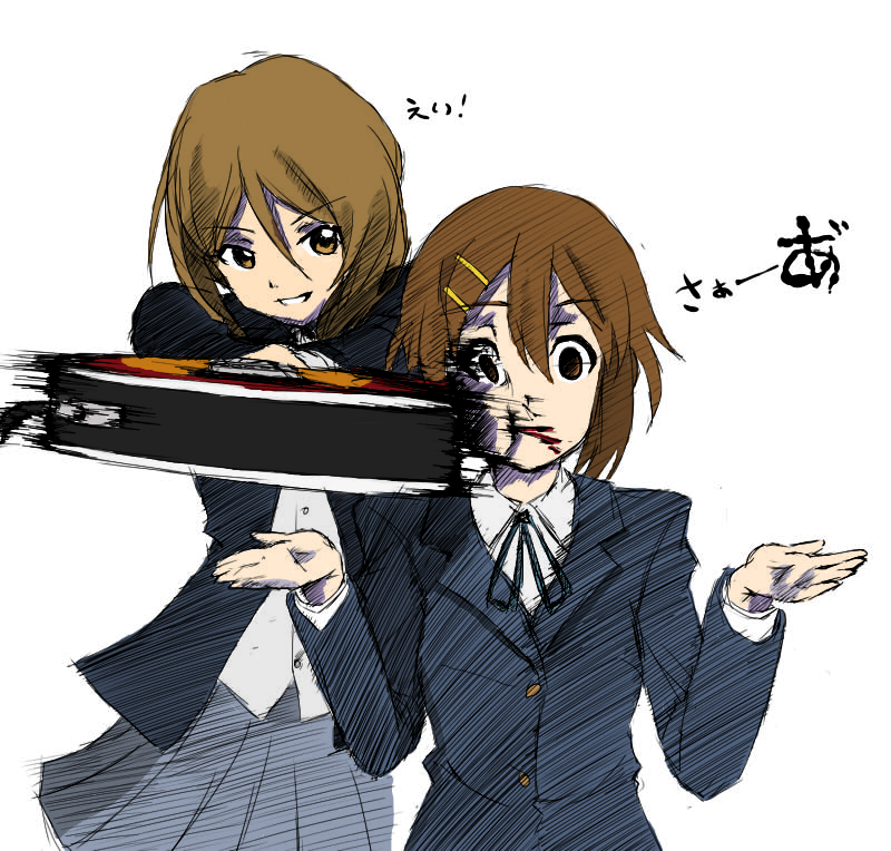 2girls artist_request blazer blood blood_from_mouth brown_eyes brown_hair drawfag electric_guitar guitar hair_ornament hairclip hirasawa_yui injury instrument k-on! multiple_girls school_uniform simple_background smile source_request speed_lines swinging tachibana_himeko weapon white_background