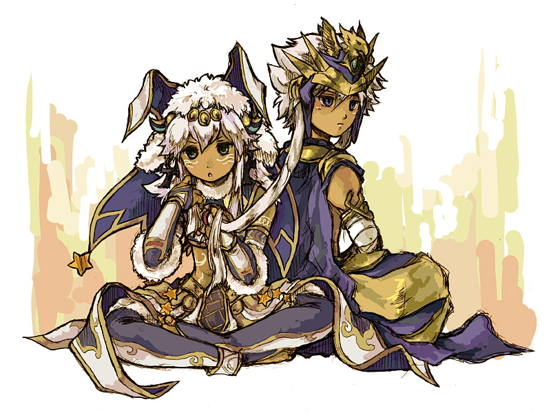 1boy 1girl ankh armlet bandages blue_eyes bodypaint bridal_gauntlets cape dark_skin earrings egyptian facial_mark fur_trim green_eyes headdress indian_style jewelry long_hair looking_at_viewer open_mouth puzzle_&amp;_dragons ra_(p&amp;d) shiroma_(mamiko) sitting sopdet_(p&amp;d) star white_hair