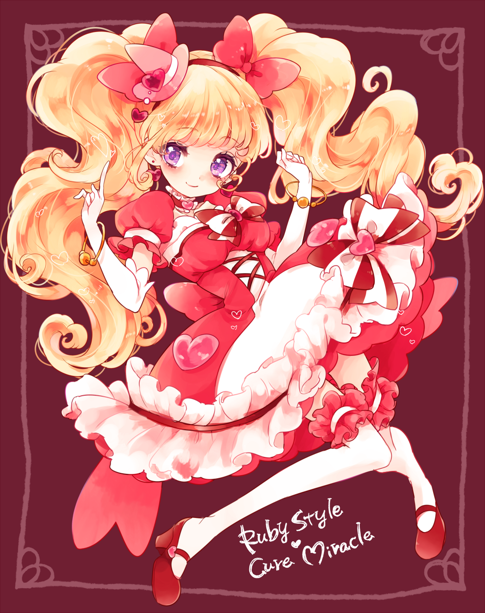 1girl asahina_mirai blonde_hair bow character_name choker cure_miracle earrings elbow_gloves frilled_skirt frills full_body gloves hair_bow hat heart heart_earrings highres jewelry long_hair looking_at_viewer magical_girl mahou_girls_precure! mary_janes mini_hat mini_witch_hat pink_hat precure red_background red_bow red_shoes ruby_style shoes skirt smile solo striped striped_bow thigh-highs twintails uzuki_aki violet_eyes white_gloves white_legwear witch_hat