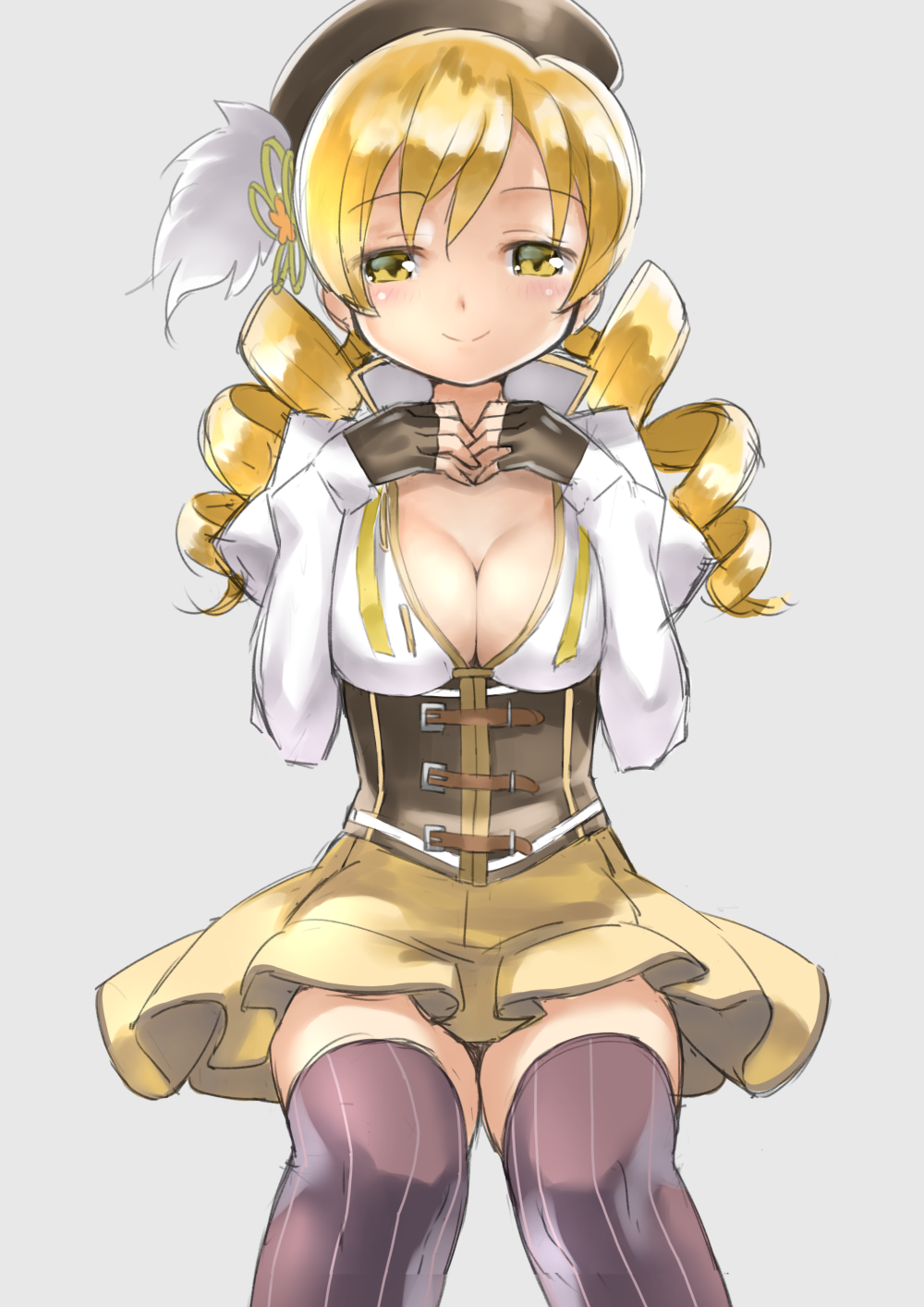:&gt; beret black_gloves blonde_hair blush breasts brown_hat brown_legwear buckle cleavage closed_mouth corset drill_hair fingerless_gloves gloves hands_on_own_chest hat hat_feather highres juliet_sleeves kerchief large_breasts long_sleeves mahou_shoujo_madoka_magica puffy_long_sleeves puffy_sleeves ribbon rin2008 sitting skirt smile striped striped_legwear thigh-highs tomoe_mami twin_drills twintails underbust undone_tie vertical-striped_legwear vertical_stripes white_feathers yellow_eyes yellow_ribbon yellow_skirt zettai_ryouiki