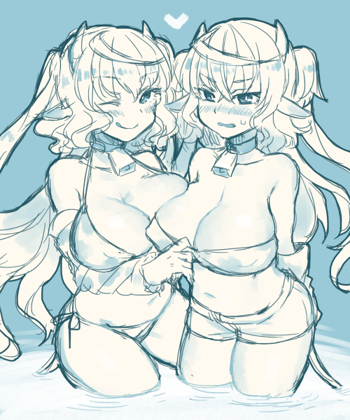 2girls ;q animal_ears asymmetrical_docking bell bell_collar belly bikini blush bra bra_pull breast_press breasts cleavage collar cow_bell cow_ears cow_horns cow_tail d: d:&lt; detached_sleeves dual_persona elsie-san_(oshiruko) fang heart horns huge_breasts large_breasts licking_lips looking_at_viewer monochrome multiple_girls navel one_eye_closed open_mouth original oshiruko_(tsume) partially_submerged plump short_hair_with_long_locks short_shorts shorts sketch swimsuit tail thighs tongue tongue_out two_side_up underwear undressing wading water