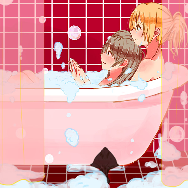 2girls ayase_eli bath bathing bathtub blonde_hair bubble bubble_bath curtains grey_hair hands_together love_live!_school_idol_project minami_kotori multiple_girls nude ponytail shared_bathing shin9tani sitting sitting_on_person tile_floor tile_wall tiles yuri