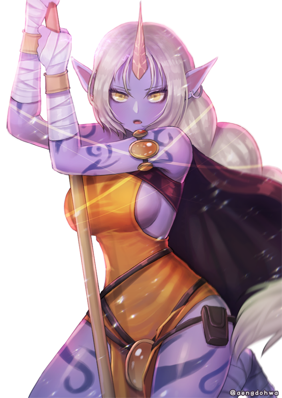 1girl armlet breasts cape earrings hanato_(seonoaiko) horn jewelry league_of_legends long_hair looking_at_viewer open_mouth pointy_ears ponytail pouch purple_skin sideboob solo soraka staff standing tattoo watermark white_background white_hair wrist_wraps yellow_eyes