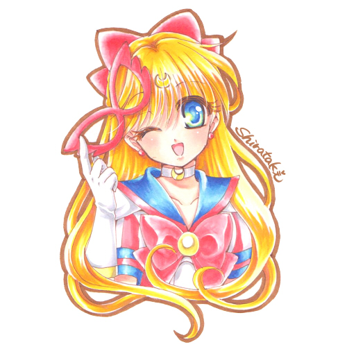 1girl aino_minako bishoujo_senshi_sailor_moon blonde_hair blue_eyes bow brooch choker crescent earrings facial_mark forehead_mark gloves hair_bow jewelry long_hair looking_at_viewer lowres magical_girl mask mask_removed one_eye_closed red_bow sailor_collar sailor_v shirataki_kaiseki signature smile solo upper_body white_background white_gloves