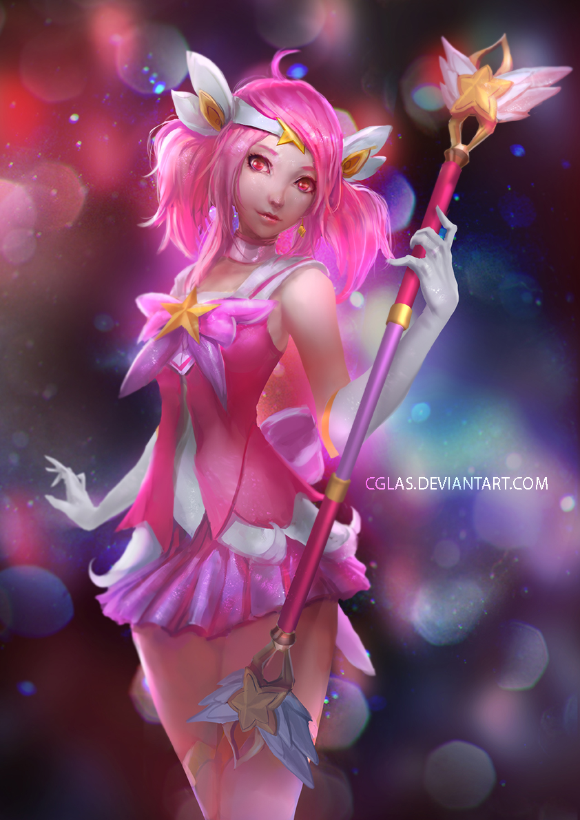 1girl alternate_costume cglas choker elbow_gloves gloves headband league_of_legends looking_at_viewer luxanna_crownguard pink_hair pink_skirt red_eyes skirt solo standing star_guardian_lux wand watermark web_address white_gloves