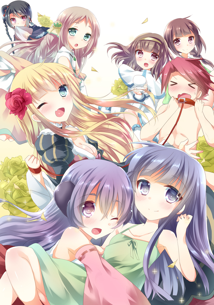 &gt;_&lt; 1boy 6+girls :d ;d beatrice black_hair blonde_hair blue_eyes blue_hair braid breasts brown_eyes brown_hair capelet cleavage closed_eyes clothed_female_nude_male collar company_connection creator_connection detached_sleeves dress fang flower furude_rika green_eyes hair_bun hair_down hair_flower hair_ornament hairband hanyuu higanbana_no_saku_yoru_ni higurashi_no_naku_koro_ni horns hsiao-lan kuriyuzu_kuryuu kusunoki_midori leash multiple_girls one_eye_closed open_mouth purple_hair rapunzel_(rose_guns_days) red_eyes redhead rose rose_guns_days single_braid smile souma_aya_(higanbana) umineko_no_naku_koro_ni ushiromiya_battler violet_eyes yellow_rose