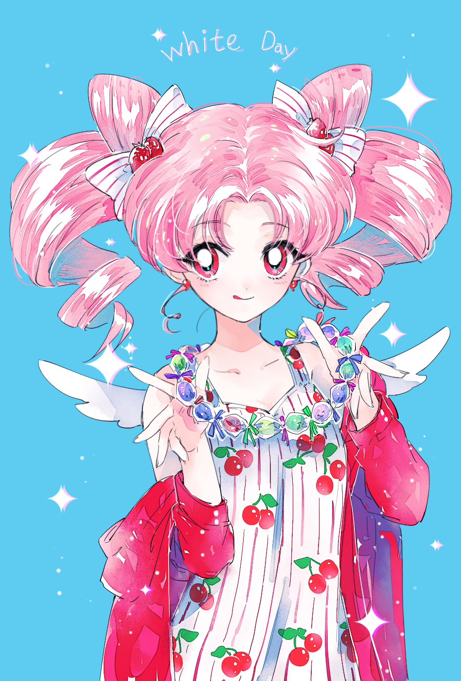 1girl :q ahma bishoujo_senshi_sailor_moon blue_background bow cherry chibi_usa cowboy_shot double_bun food food_as_clothes food_print food_themed_clothes food_themed_hair_ornament fruit hair_bow hair_ornament highres jacket jewelry necklace off_shoulder pink_hair red_eyes short_hair smile solo striped striped_bow tongue tongue_out twintails white_day wings