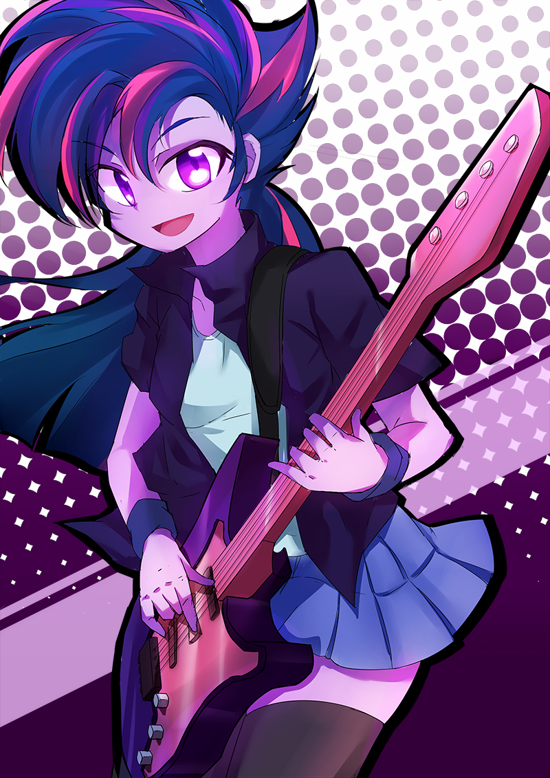 1girl bangs caibao collarbone cowboy_shot guitar instrument looking_at_viewer multicolored_hair my_little_pony my_little_pony_equestria_girls my_little_pony_friendship_is_magic open_mouth personification polka_dot polka_dot_background purple_skin skirt smile solo spiky_hair thigh-highs twilight_sparkle violet_eyes