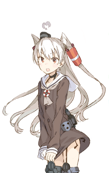 1girl amatsukaze_(kantai_collection) brown_eyes dress dress_tug garter_straps haimura_kiyotaka kantai_collection long_hair looking_at_viewer open_mouth sailor_collar simple_background solo source_request thigh-highs twintails weapon white_hair