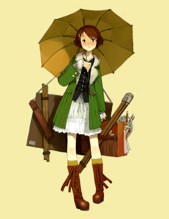 1girl art_brush art_supplies boots brown_boots brown_hair buttons coat dress easel filly_erhard frilled_sleeves frills full_body hair_ornament hairclip head_tilt jacket knee_boots long_sleeves looking_at_viewer open_clothes open_jacket original paintbrush palette short_hair simple_background solo standing striped striped_legwear umbrella unbuttoned yellow_background yoshida_seiji