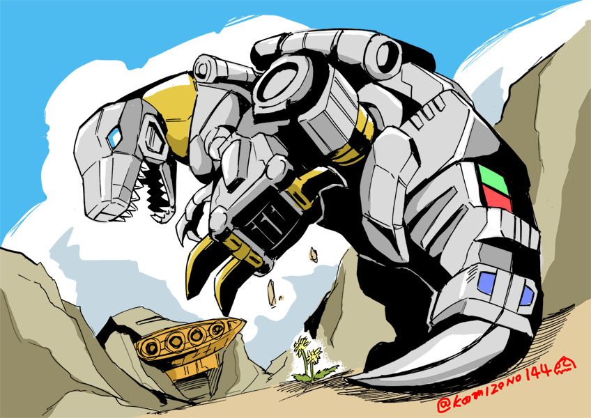 ark autobot dinobot dinobots dinosaur flower from_behind from_below grimlock kamizono_(spookyhouse) looking_down machinery mecha mountain no_humans robot solo transformers twitter_username